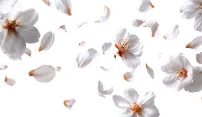 Delicate cherry blossom petals in motion against a black background.  Soft, light-pink petals are separated and appear to be floating or falling in a swirling, dynamic pattern