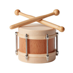 Wooden toy drum with crossed drumsticks on black background isolated on a transparent background musical