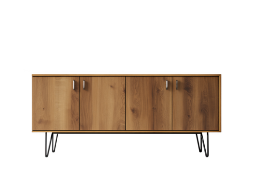Wooden sideboard with four doors and black metal hairpin legs isolated on a transparent background cabinet