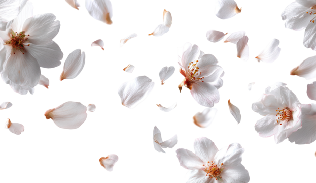 Delicate cherry blossom petals in motion against a black background.  Soft, light-pink petals are separated and appear to be floating or falling in a swirling, dynamic pattern