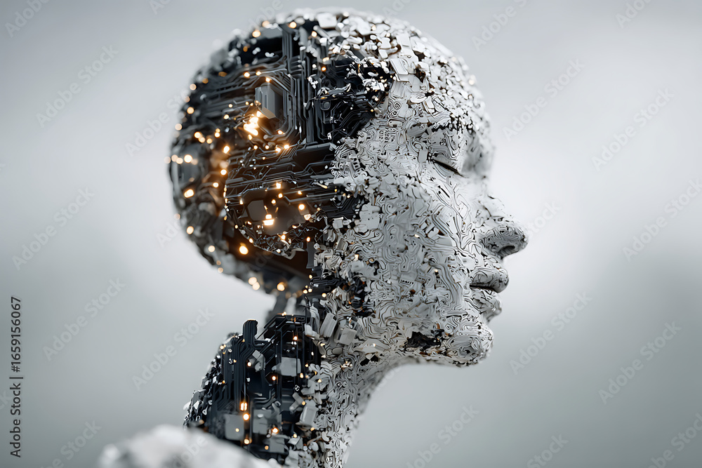 Poster artificial intelligence, humanoid robot showing circuitry and motherboard