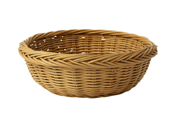 Woven wicker basket with braided rim and textured surface isolated on a transparent background rattan