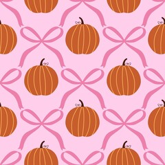 Seamless pumpkin and pink ribbon pattern on pastel background, perfect for Halloween, fall, fabric, wallpaper, wrapping paper, or festive seasonal decoration.
