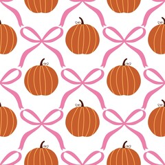 Seamless pumpkin and pink ribbon pattern on white background, perfect for Halloween, fall, fabric, wallpaper, wrapping paper, or festive seasonal decoration.