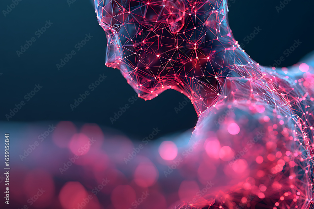 Poster artificial intelligence, human bust emerging from glowing plexus network