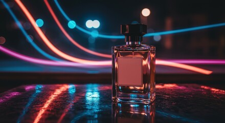 Elegant perfume bottle mockup on a reflective surface with vibrant futuristic neon light trails in a dark city night scene.