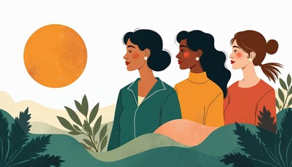 Illustration of diverse women in workforce, gender equality, collective strength. Three women with different skin tones stand united, looking towards bright future under warm sun. Artwork promotes