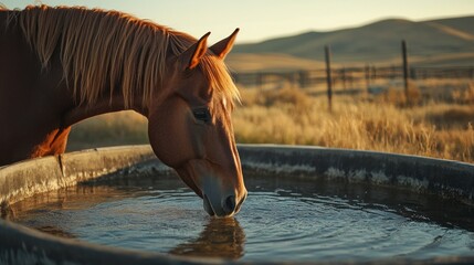 Chestnut horse drinking water at sunset in rural pasture