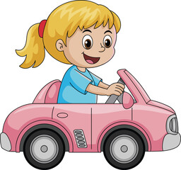 Cartoon girl driving, pink convertible, kids illustration, happy child, vector car, smiling girl, playtime, fun ride, transportation, vehicle, cute character, children’s clipart, road trip,