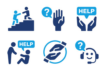 Naklejka na ściany i meble Help and support icon set. Assistance, guidance, question, customer service and aid symbols for communication and problem solving. Solid vector icons collection.