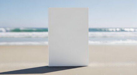 Blank White Book Cover Mockup on Sandy Beach with Ocean View - Ideal for Vacation Reads and Summer Promotions