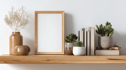 Serene Shelf Display: A meticulously arranged collection of decorative items graces a wooden shelf, including potted plants, books, and a picture frame. Evoking feelings of calm and artistic flair.
