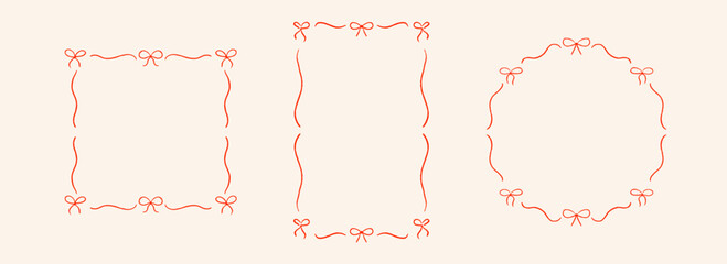 Red hand drawn bow frame set. Thin ribbon border collection. Circle, rectangle and square doodled box bundle for invitation template, poster, banner. Coquette sketch cadre pack. Vector
