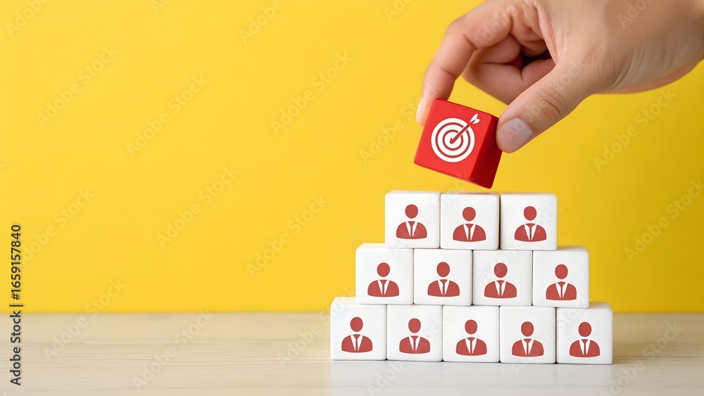 Poster leadership targeting and organizational hierarchy concept – red block with white target symbol place