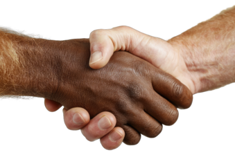 Diverse hands clasped in a handshake.  Close-up view of a dark-skinned and light-skinned hand meeting in a firm handshake.  Dark background