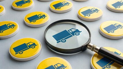 Logistics Analysis and Fleet Performance Concept – Circular Tokens with Blue Truck Icons on Yellow Background, One Magnified Under Glass, Delivery Evaluation, Transportation Focus, Supply Chain Insigh