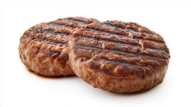Duas carnes de hamb&uacute;rguer grelhadas isoladas em branco