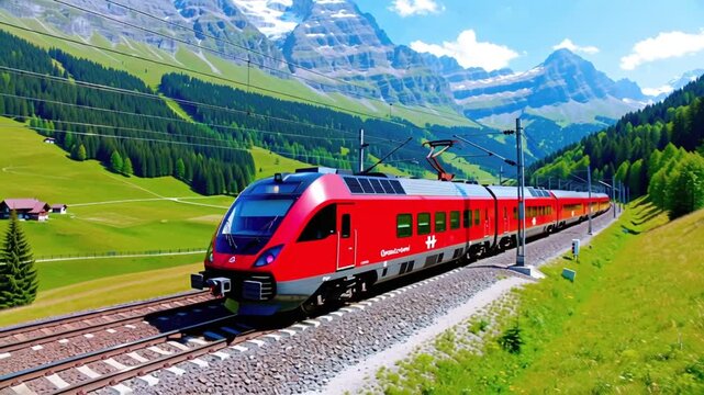 A red train travels through the picturesque swiss alps on a sunny day