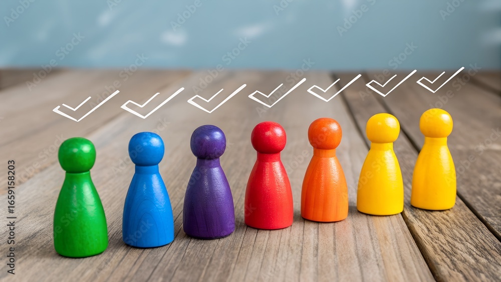 Poster diversity and inclusion in team selection concept – seven colorful game pieces with white checkmarks