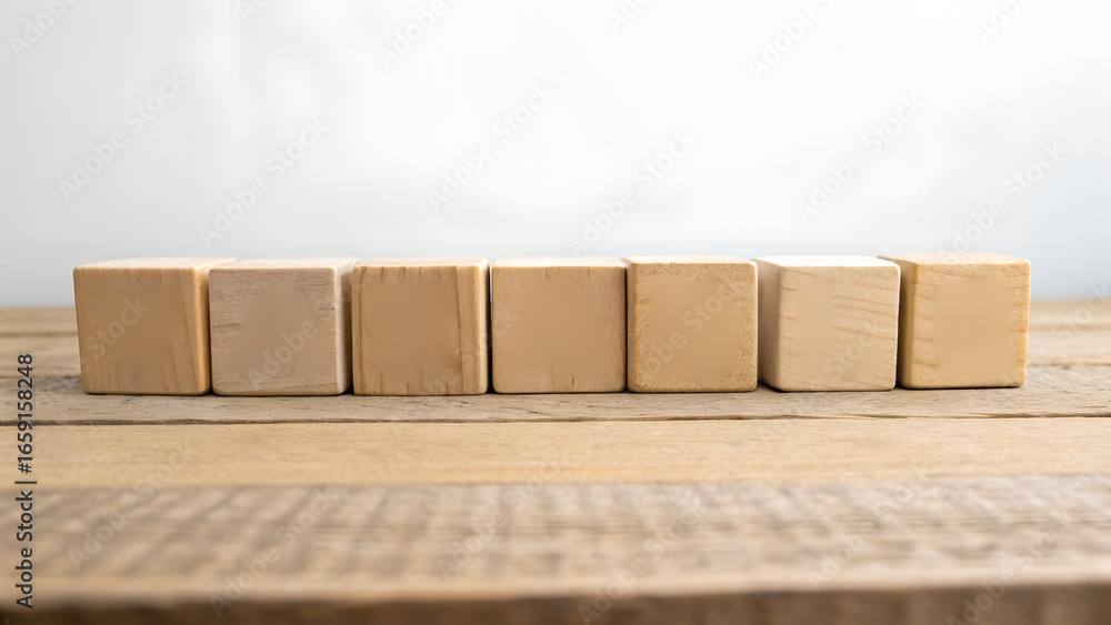 Poster business strategy and process alignment concept – six wooden blocks in linear formation on wooden su