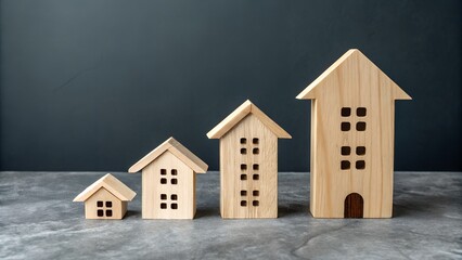 Real Estate Growth and Property Investment Concept – Four Wooden House Models in Ascending Size Order on Gray Surface with Dark Background, Housing Market Progression, Asset Scaling, Residential Devel