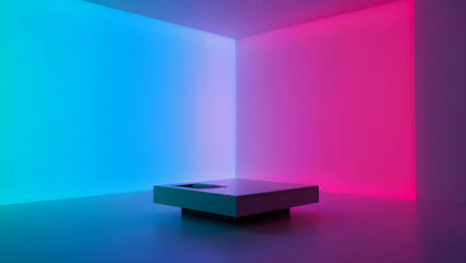 A modern 3D rendered living room with purple furniture and a stylish couch