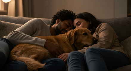 Cozy Couple Cuddling Golden Retriever on Couch, Embracing Pet Love and Comfort at Home