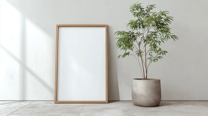 Framed Beauty: A blank canvas framed by a natural wood finish leans against a minimalist background next to a vibrant potted plant, casting shadows and hinting at endless possibilities. 