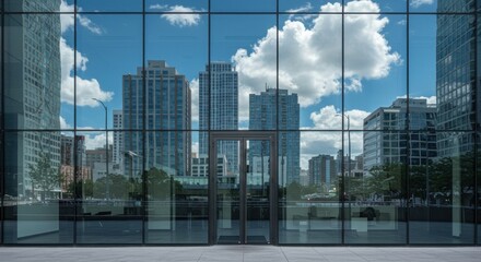Obraz premium A modern building's glass facade reflects city skyscrapers and a bright blue sky with clouds, near an entry door