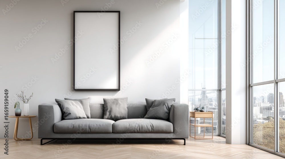 Poster serene living room: an empty frame hangs elegantly above a minimalist gray sofa, bathed in soft natu