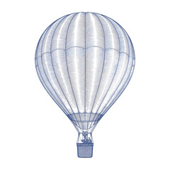 Naklejka premium Detailed blue line drawing of a hot air balloon, showing its structure and basket.