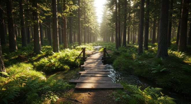 A serene forest path with a small wooden bridge over a flowing stream, sunlight filtering through tall trees creating a tranquil atmosphere - Powered by Adobe