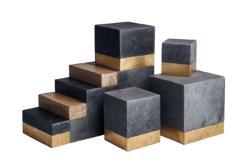 Stacked dark gray and gold cubes.  Geometric display