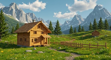 Obraz premium Wooden chalet nestled in a lush alpine meadow, mountains in the background