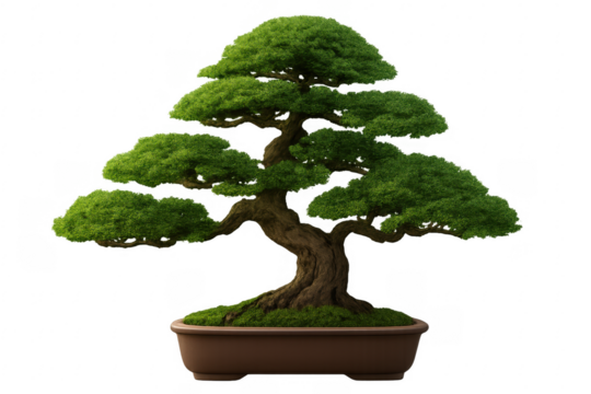 Bonsai tree growing in a pot with transparent background
