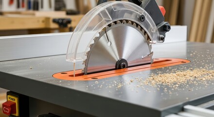 Close-up of a Table Saw with Blade Guard and Sawdust on Surface