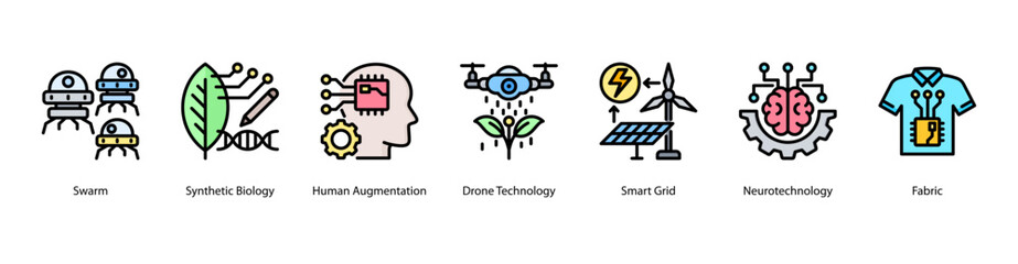 Synthetic Life and Bioengineering web banner icon vector illustration featuring Swarm, Synthetic Biology, Human Augmentation, Drone Technology, Smart Grid, Neurotechnology, and Fabric.