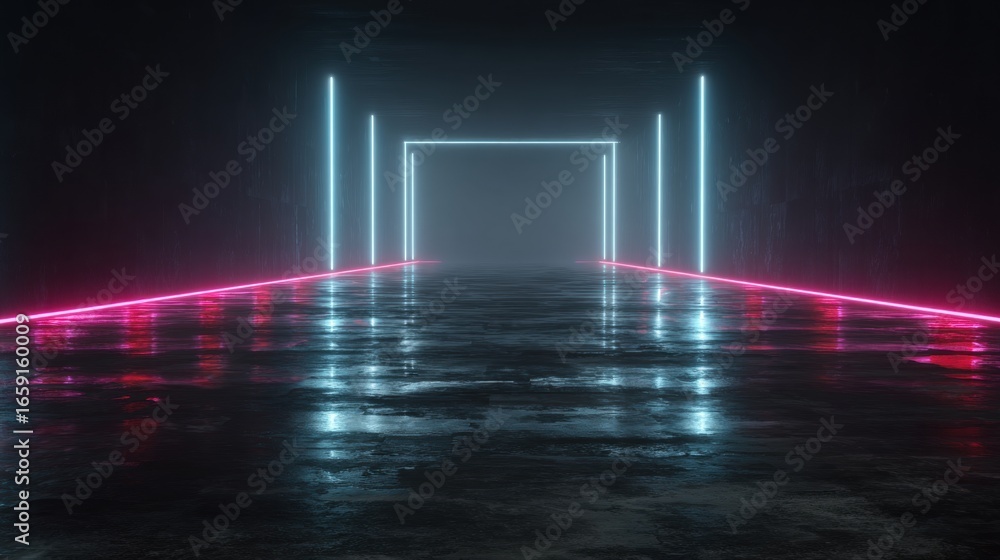 Poster neon corridor: an abstract composition of glowing neon lights form a geometric path in a futuristic 