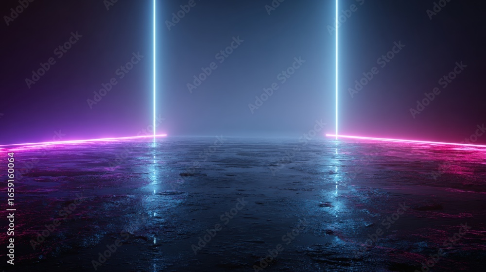 Poster neon tunnel of light: a captivating digital artwork showcases an abstract tunnel illuminated by vibr