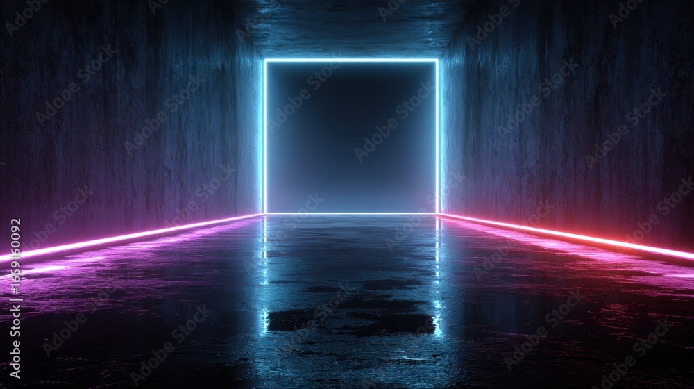 Poster neon corridor of the future: step into an immersive digital realm, where sleek lines of neon lights 