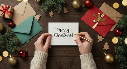 Flatlay realistic photo of hands writing on a Christmas greeting card with golden pen, surrounded by envelopes, ornaments, and pine leaves, aspect ratio 16:11