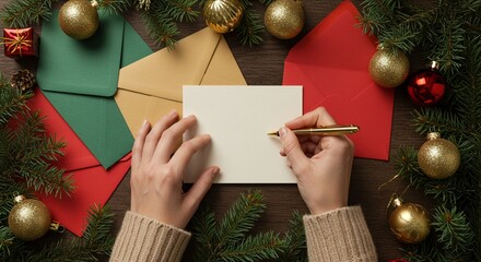 Flatlay realistic photo of hands writing on a Christmas greeting card with golden pen, surrounded by envelopes, ornaments, and pine leaves, aspect ratio 16:13