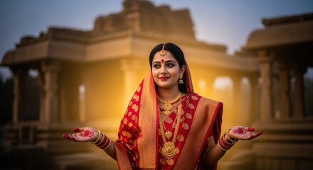 Beautiful indian woman in traditional red and gold sari and jewelry at ancient temple ruins
