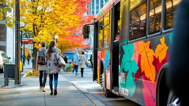 City bus stops during autumn afternoon with colorful leaves and people walking nearby