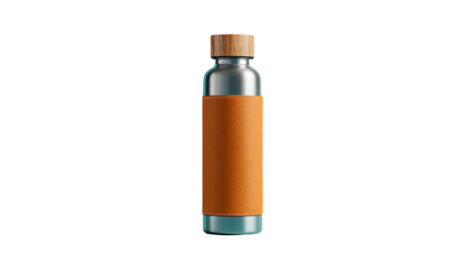 A stainless steel water bottle with a light orange leather band and wooden lid.  Rendered image