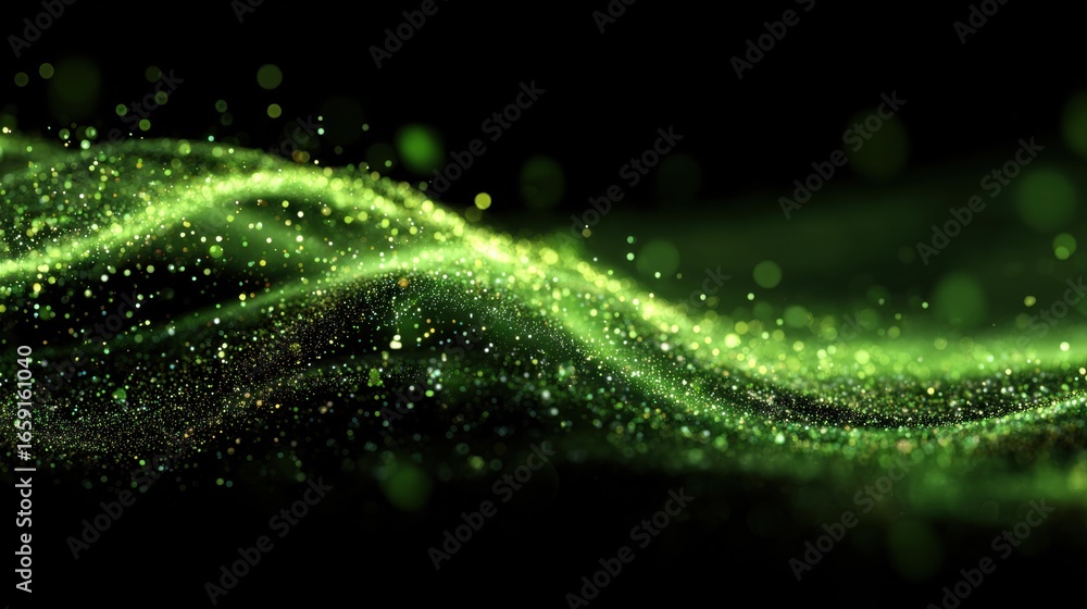 Poster Emerald Wave: A mesmerizing, shimmering wave of emerald green particles dances across a dark, elegant canvas, creating a captivating display of light and movement.