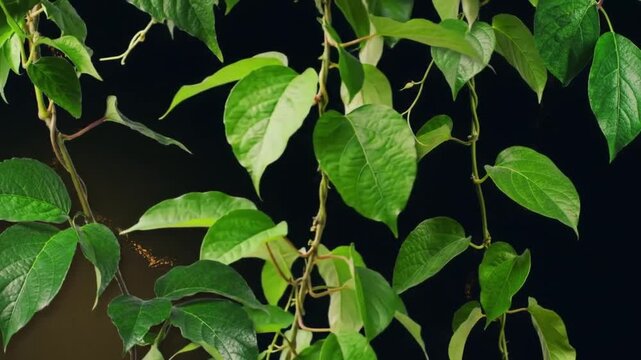 Lush green leaves on intertwining plant vines against a deep, dark background, highlighting natural beauty, organic textures, and vibrant botanical patterns.