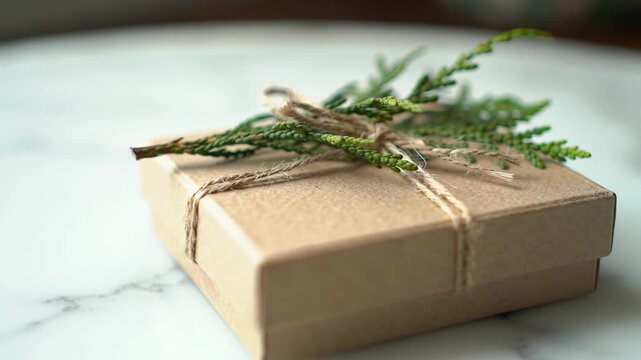 Wrapped gift box with greenery on white marble surface, close-up