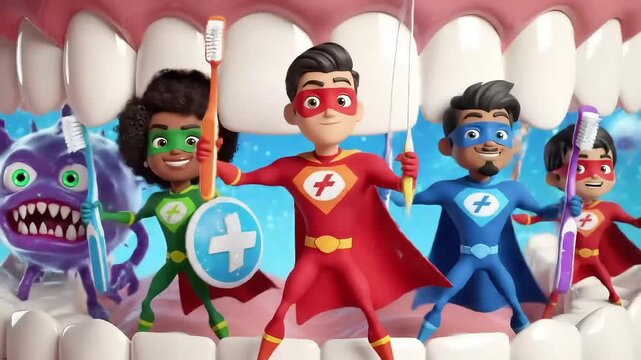 Animated superhero team with toothbrushes and shield protecting healthy white teeth from harmful bacteria and germs