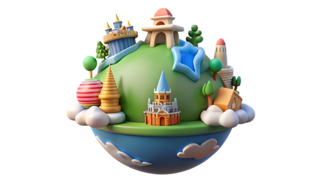 Miniature Fantasy World Globe with Castles and Buildings cartoon